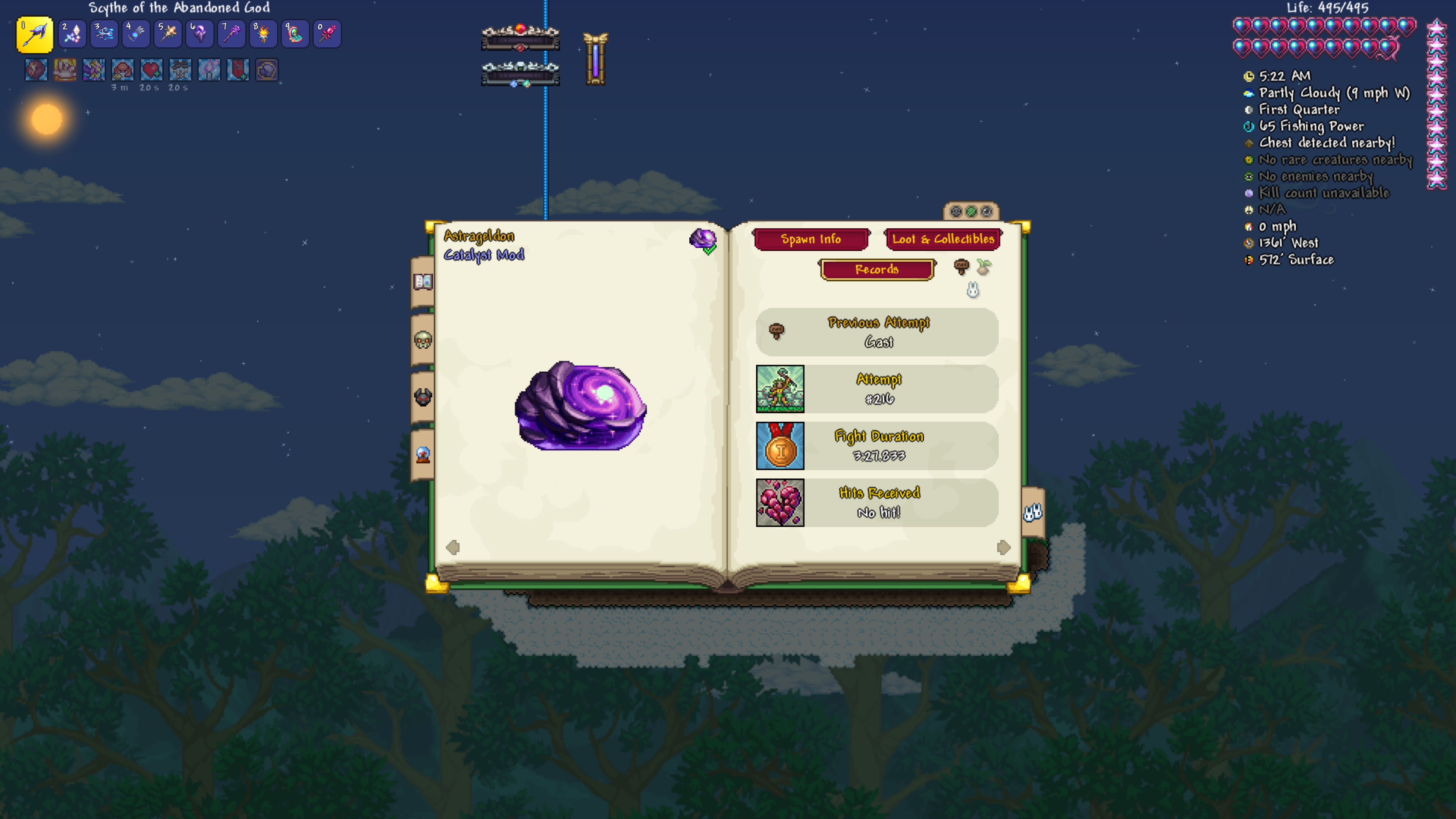 Boss Checklist entry that shows Astrageldon from Catalyst Mod defeated with no hits on attempt #216 after a 3 minute and 27 second fight